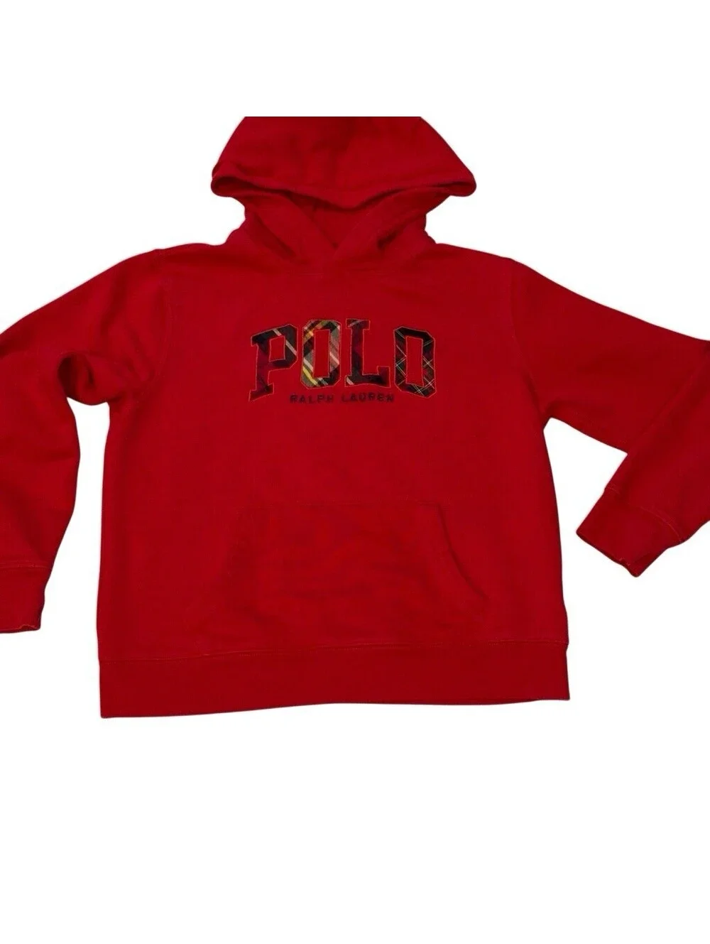 Polo Ralph Lauren Youth Boys L 14 Red Pullover Hoodie Logo Fleece Preppy Plaid